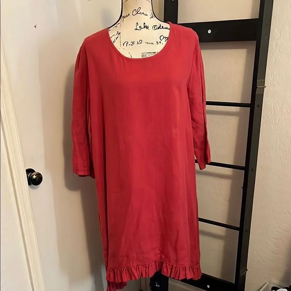 Bryn Walker Linen Red Ruffle Hem Hi-Lo Pullover Dress Boho Lagenlook Coastal